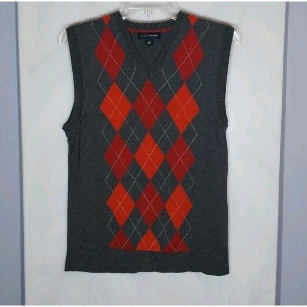 Banana Republic Mens Sweater Vest S Silk Cashmere Argyle Gray Red V Neck Preppy